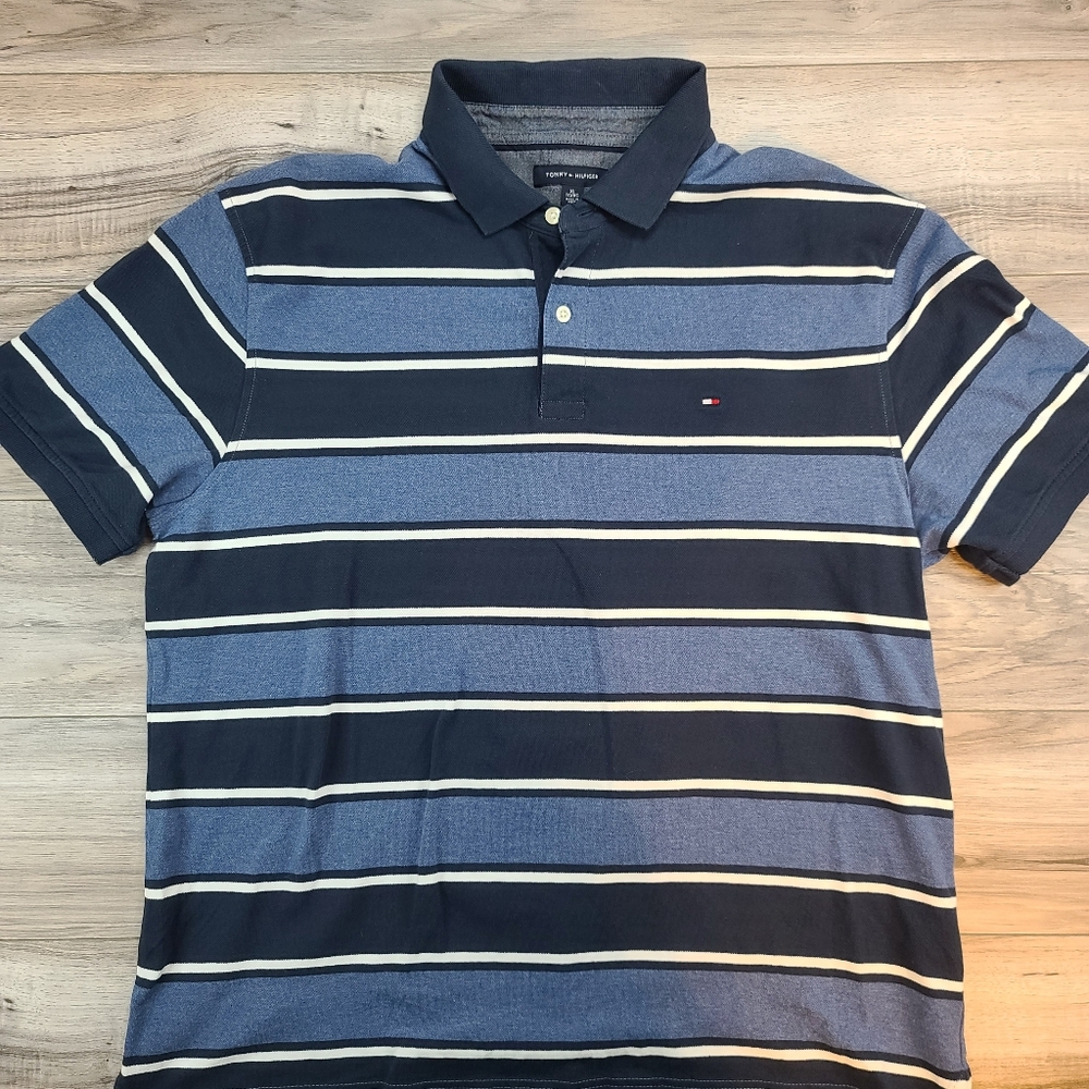 Tommy Hilfiger Mens Casual Polo Shirt Short Sleeve Blue White Striped Size XL